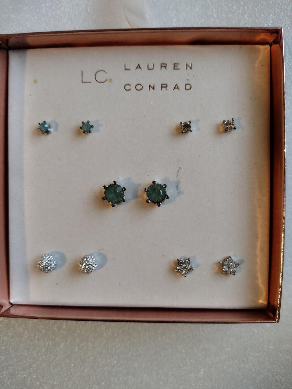 LC Lauren Conrad Earrings Silver Tone Green Rhinestone Stud Womens 5 Pair Set